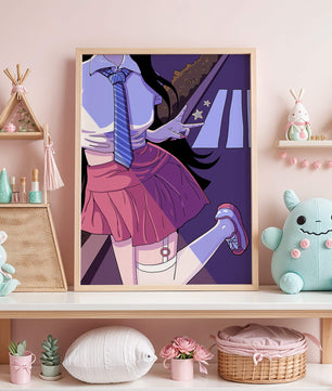 Estilo anime de una escolar posando con el signo de la paz en colores vibrantes