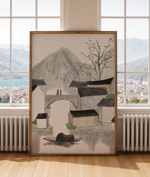 Serene mountain village ink painting with bridge and boat