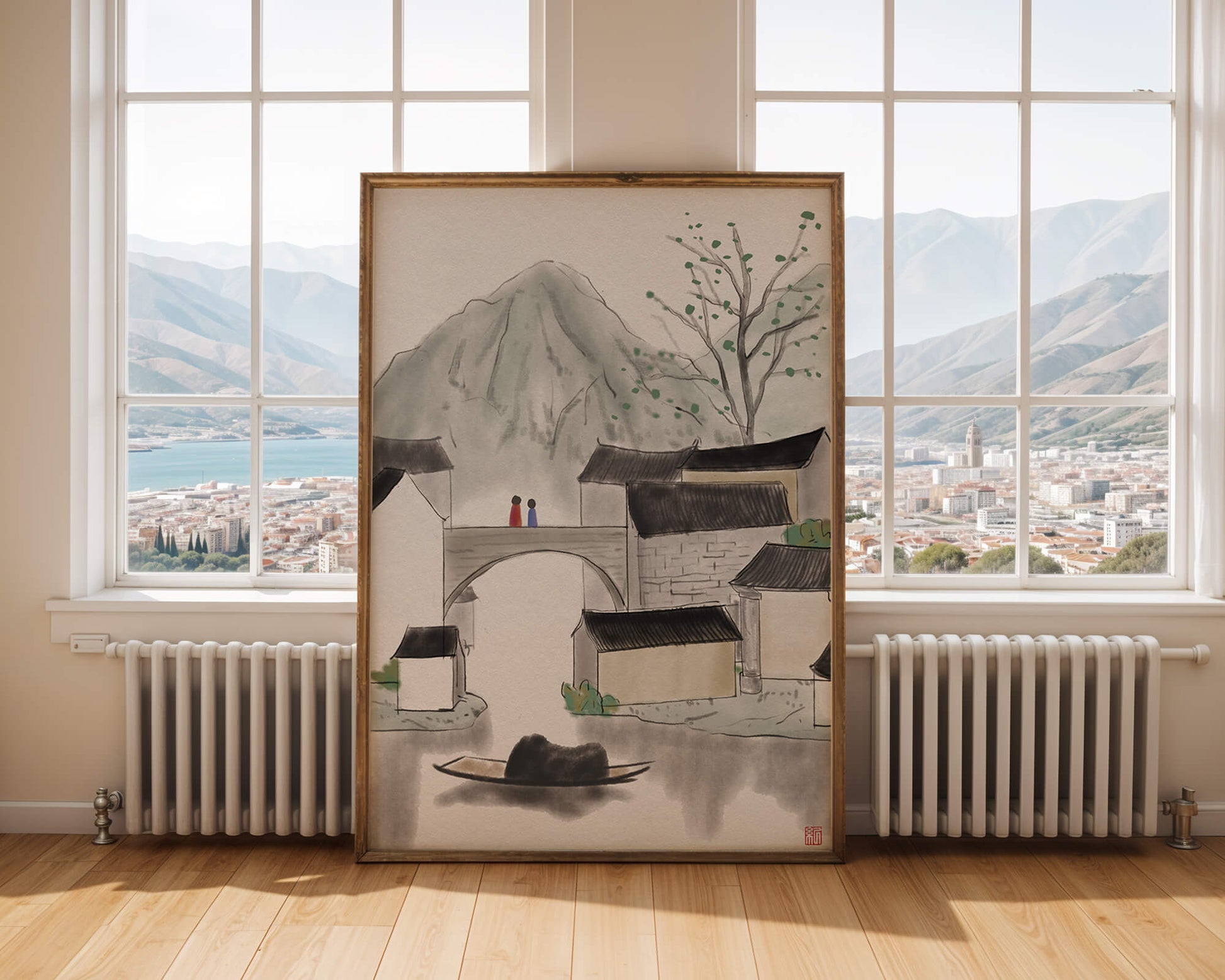 Pintura de tinta de un tranquilo pueblo montañoso con puente y barco