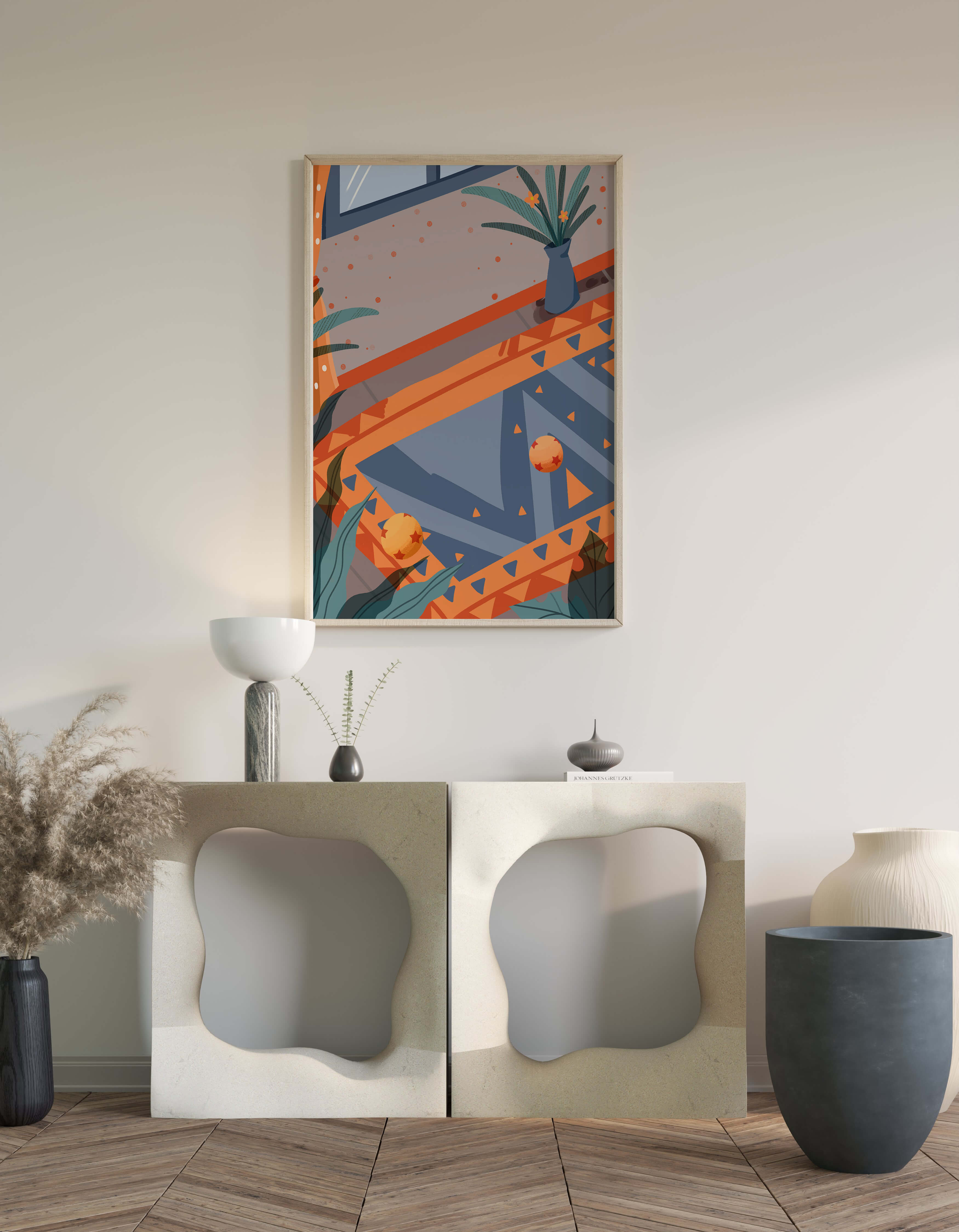 Modern interior with geometric patterns and vibrant colors