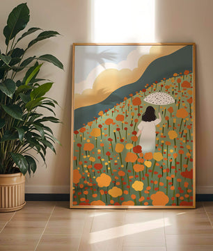 Woman with Umbrella in Blooming Field on a Sunny Day