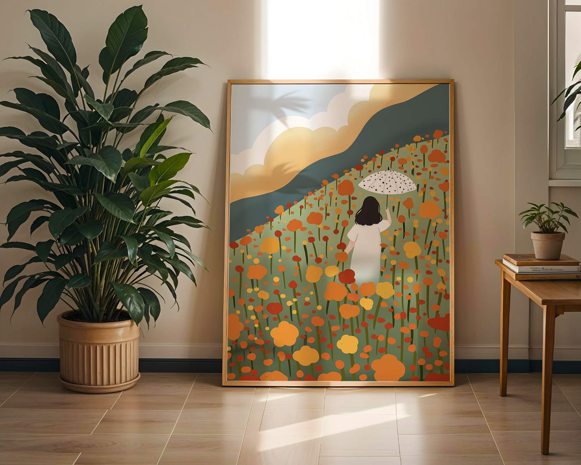 Woman with Umbrella in Blooming Field on a Sunny Day