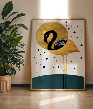 Ilustración elegante de flamenco dorado y negro con elementos de puntos abstractos