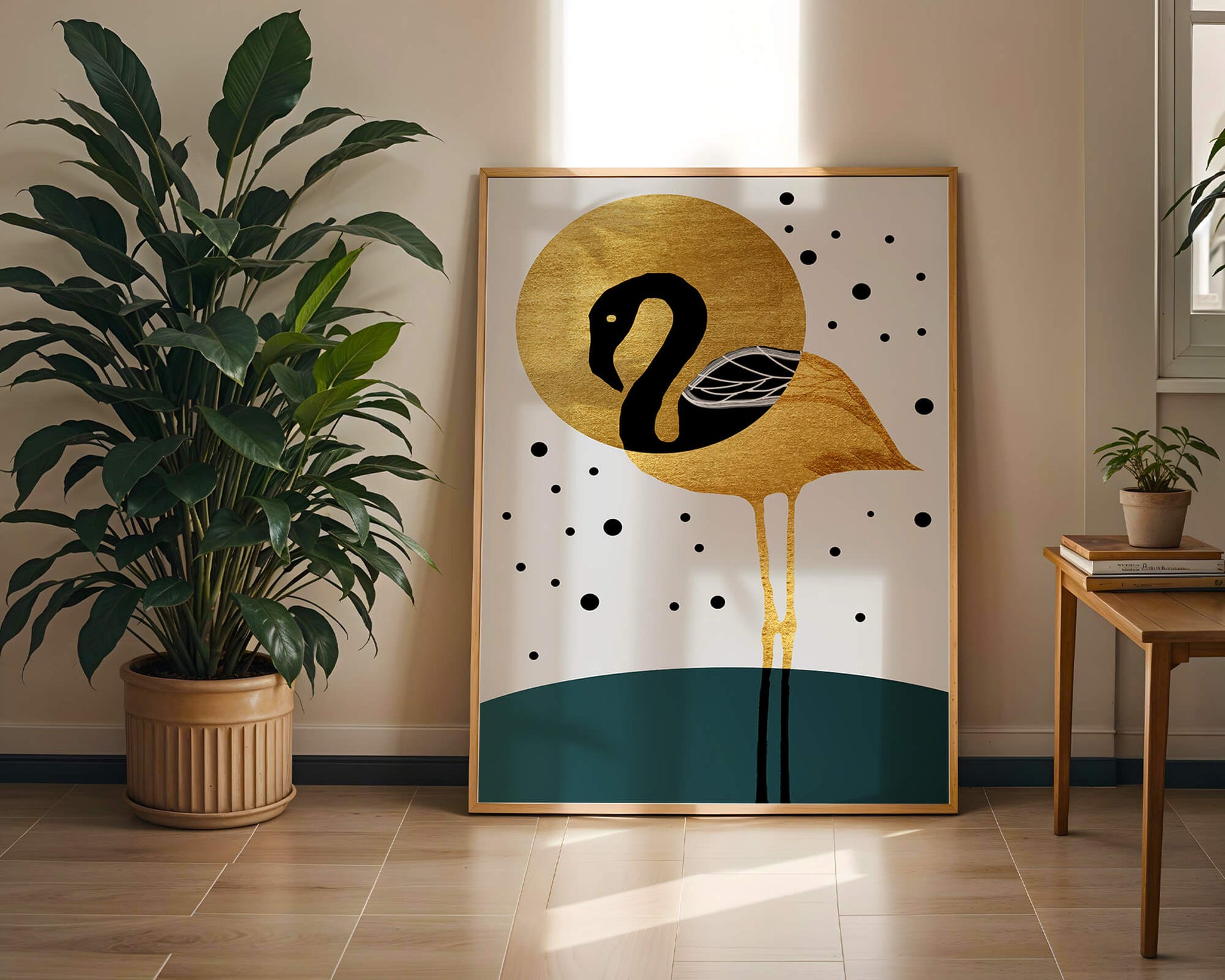 Elegante ilustración de flamenco dorado y negro con elementos de puntos abstractos