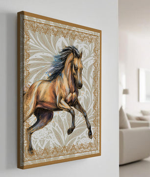 Elegant horse illustration with ornate golden frame