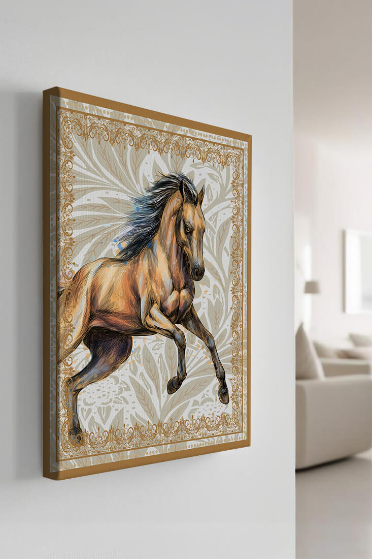 Elegant horse illustration with ornate golden frame