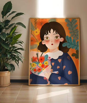 Ilustración colorida de una chica con flores rodeada de un fondo floral vibrante