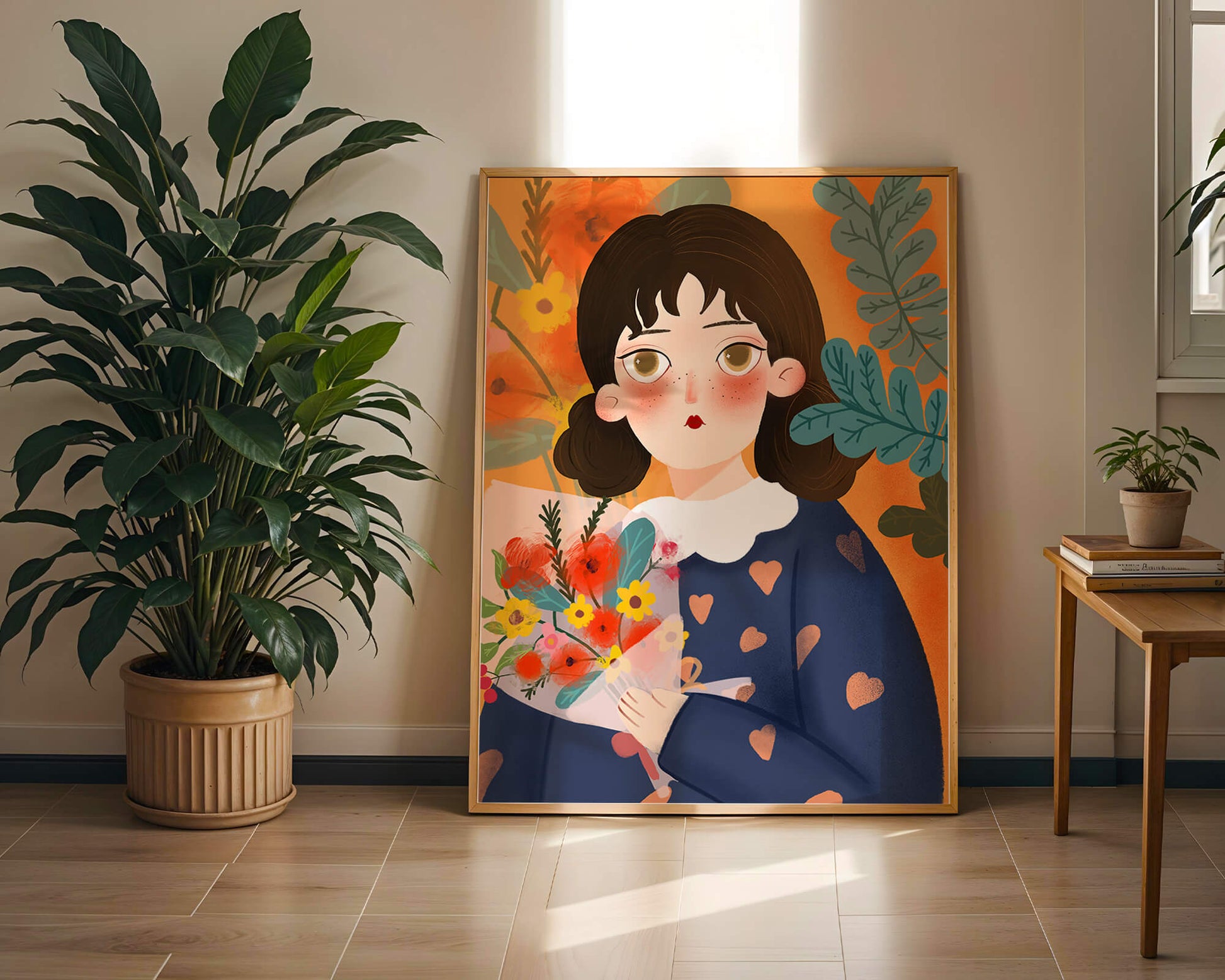 Ilustración colorida de una niña con flores rodeada de un fondo floral vibrante.