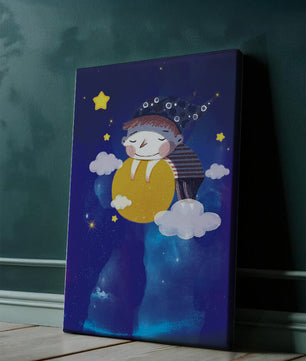 Scène nocturne onirique avec un enfant étreignant la lune