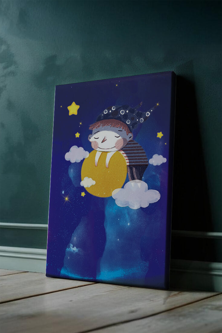 Dreamy Nighttime Scene with a Child Hugging the Moon