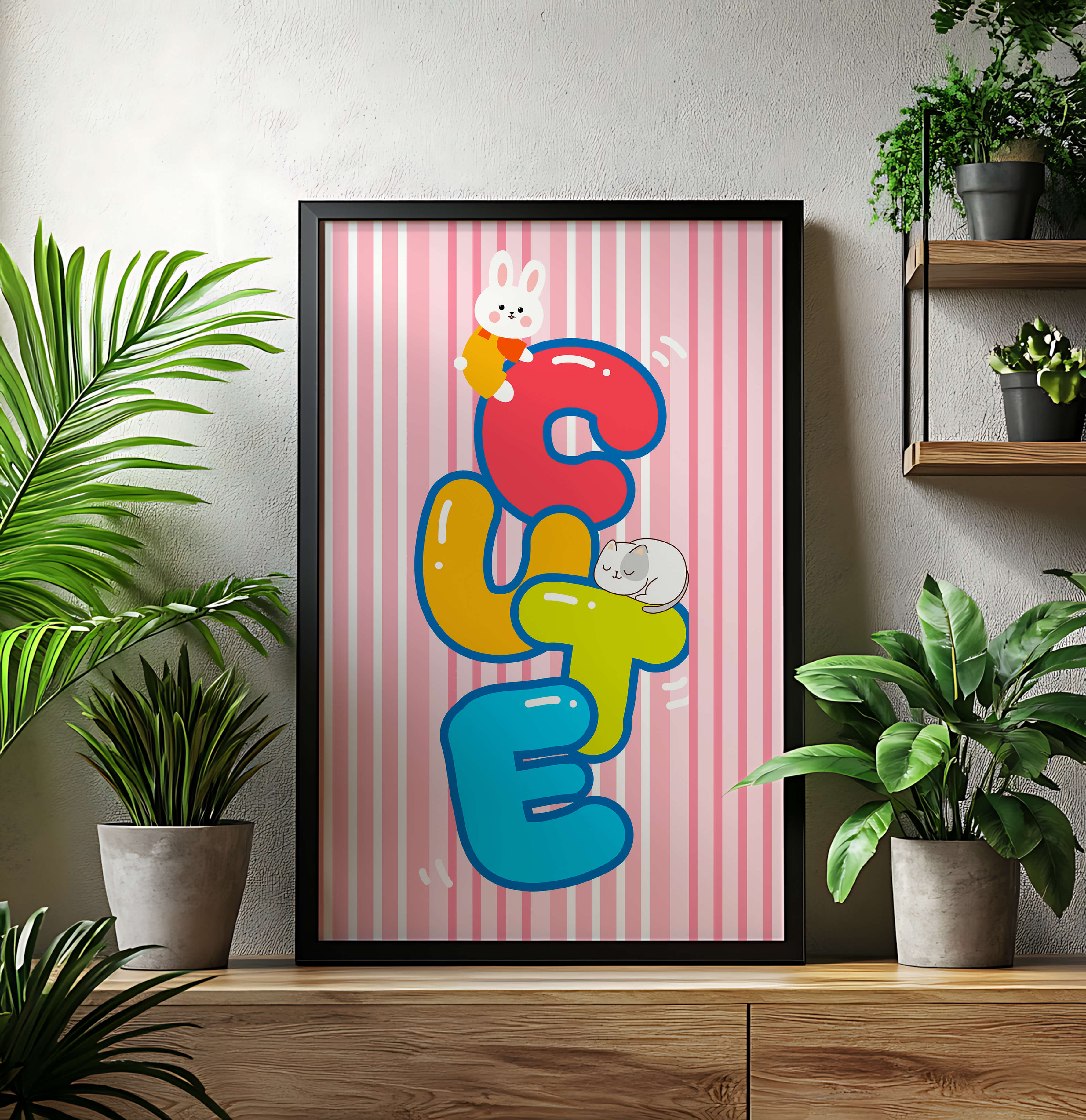 Playful cute illustration with bunny and kitten on colorful letters