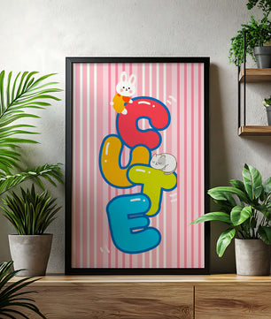 Ilustración lúdica y adorable con conejo y gatito sobre letras coloridas