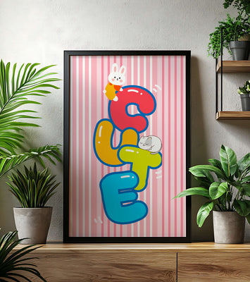 Playful cute illustration with bunny and kitten on colorful letters