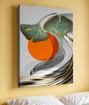 Hojas de Ginkgo abstractas con círculo naranja y ondas plateadas