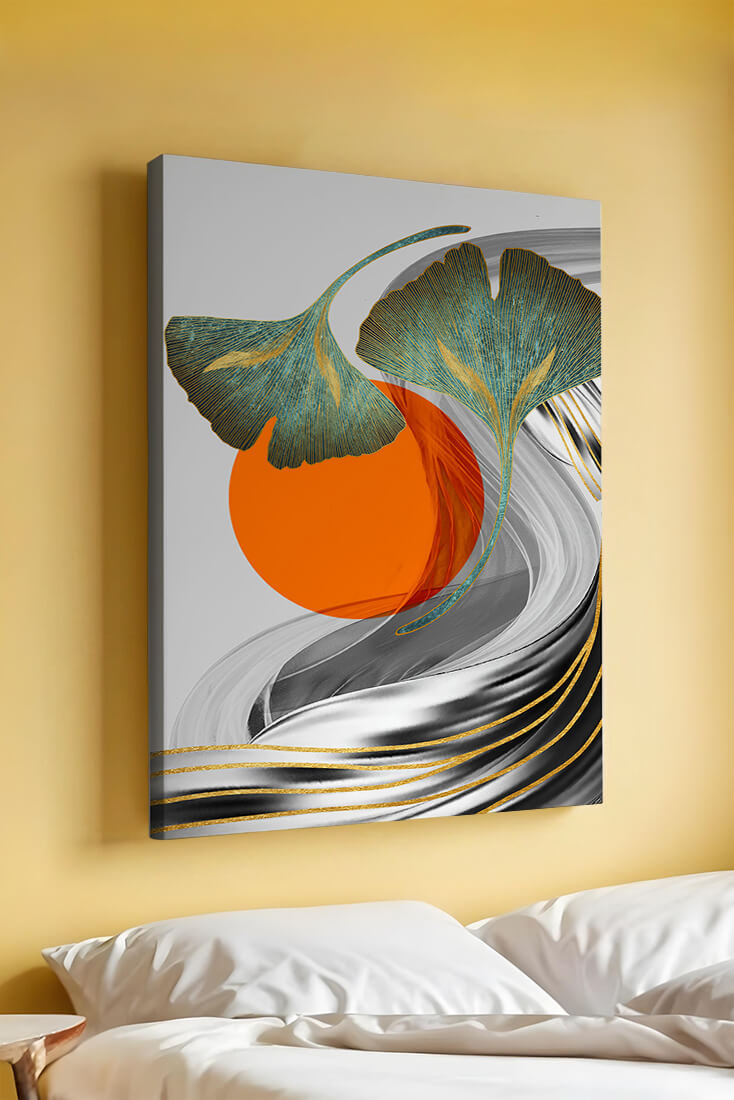 Hojas de Ginkgo abstractas con círculo naranja y ondas plateadas