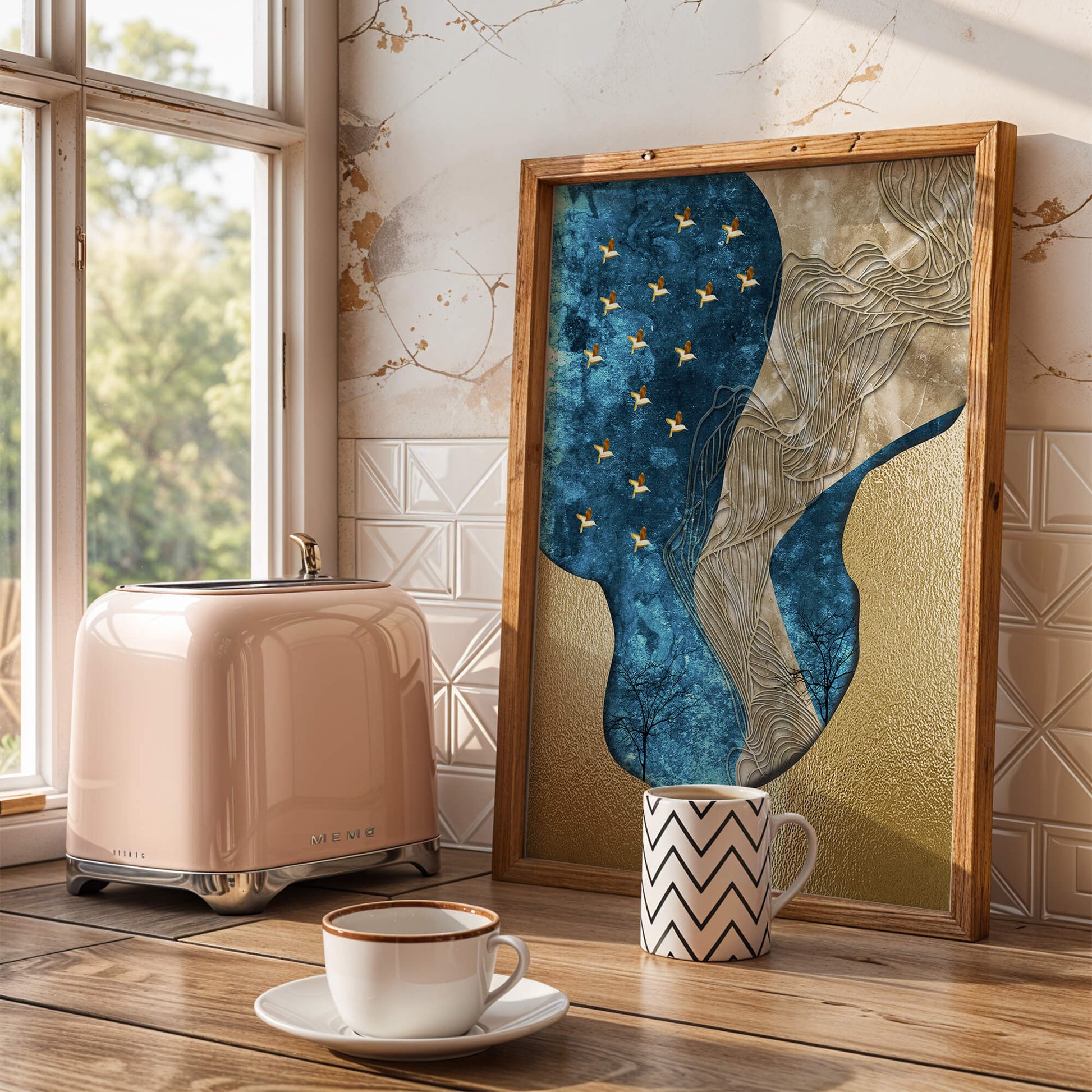 Abstract Textured Landscape with Gold and Blue Elements