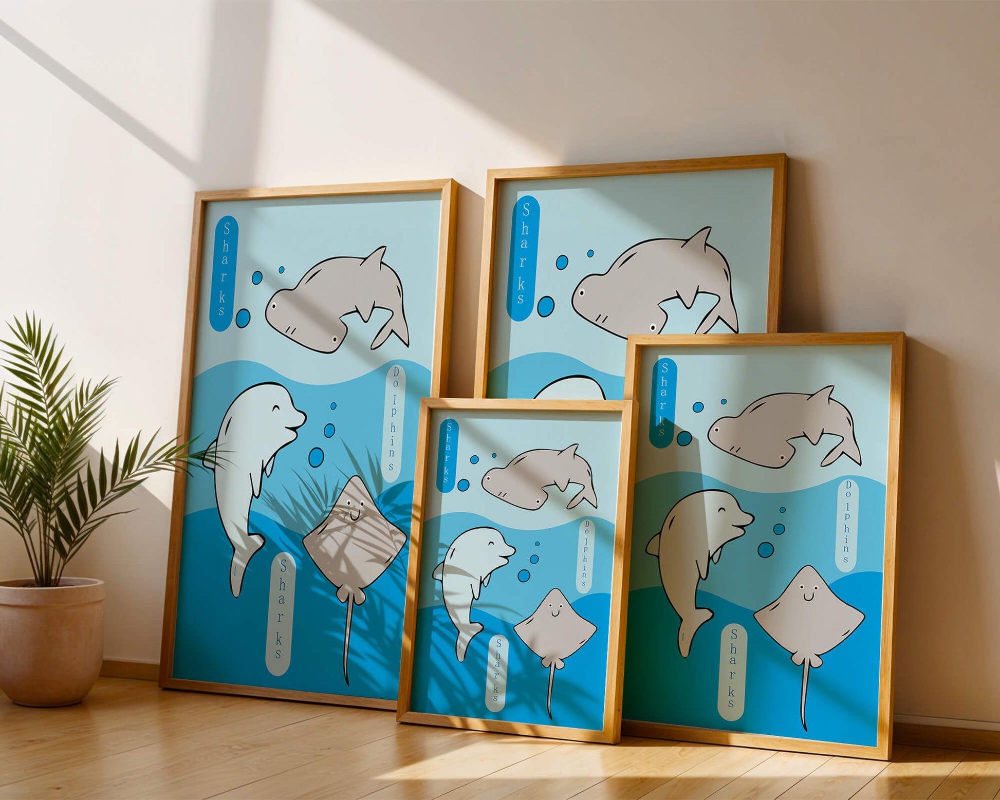 Cartoon sea animals illustration with shark, dolphin, and stingray