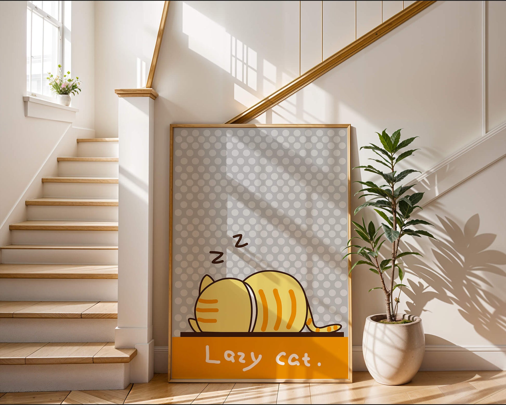 Sleeping cartoon cat with polka dot background