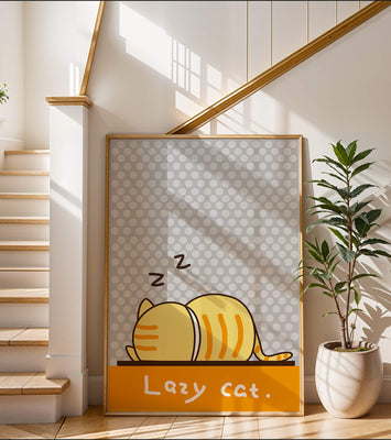 Sleeping cartoon cat with polka dot background