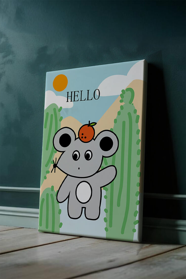 Cute illustration of a mouse with an orange on a sunny background