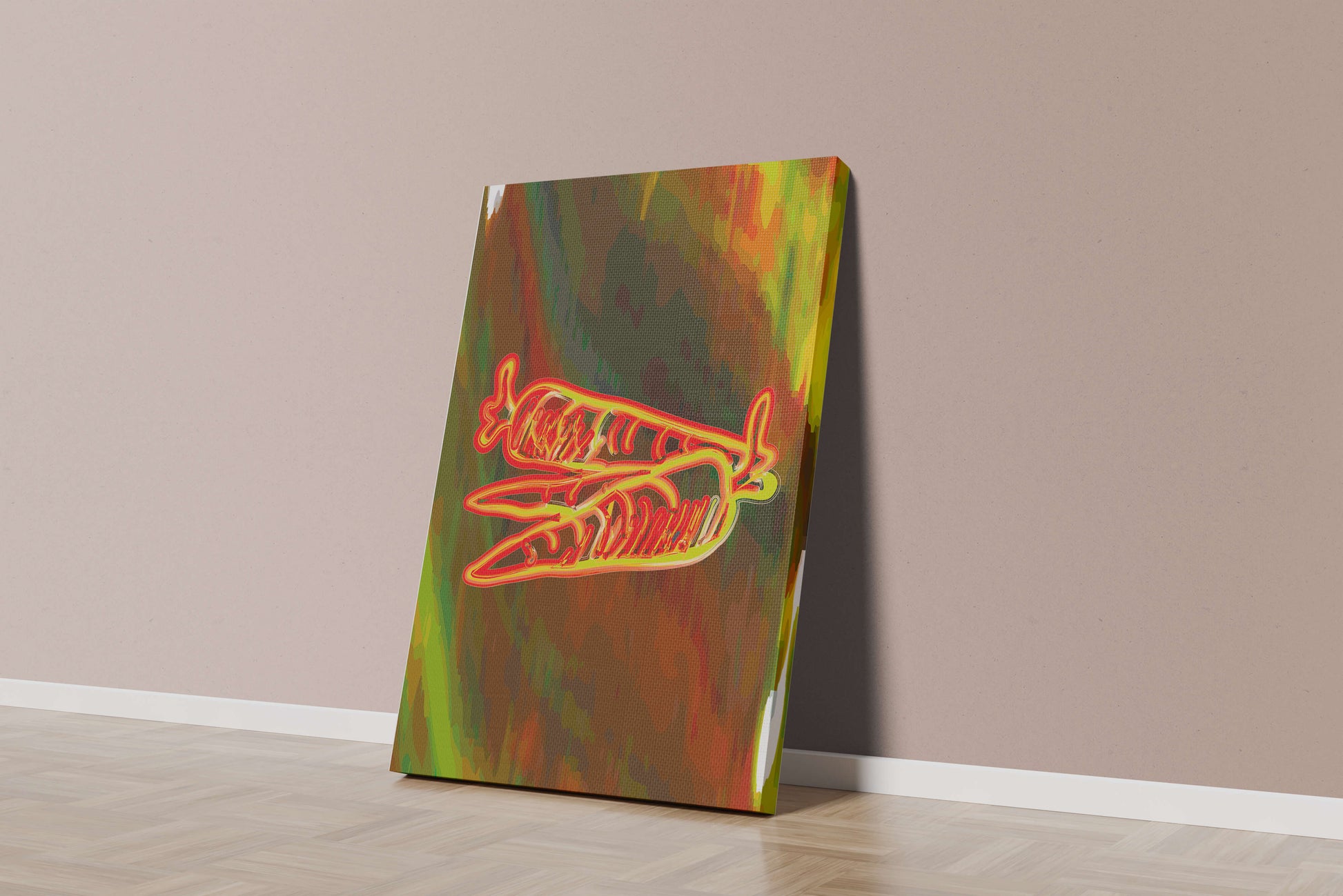 Abstract art featuring neon carrots on a colorful background