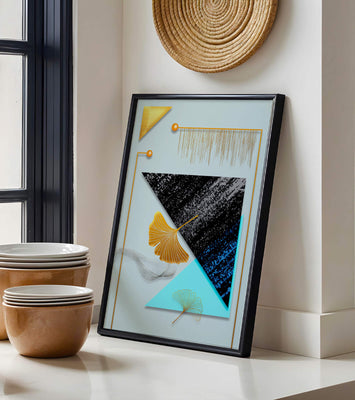 Abstract Composition with Geometric Shapes and Gold Ginkgo Leaves