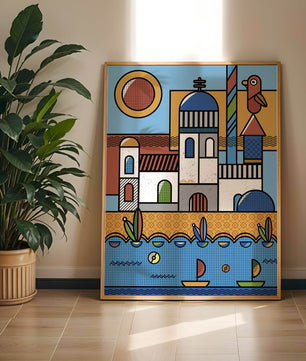 Bunte geometrische Küstendorf-Illustration mit Vögeln und Booten