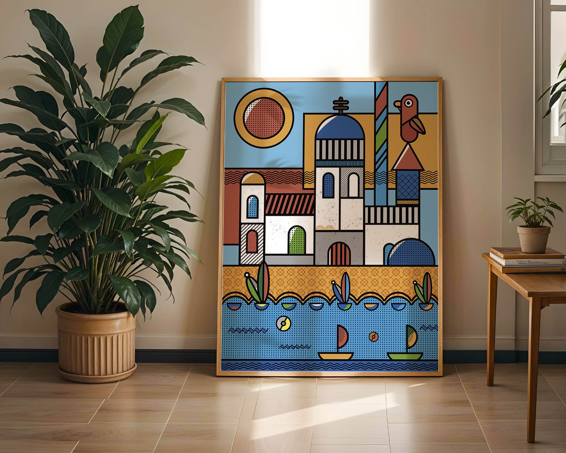 Bunte geometrische Küstendorf-Illustration mit Vögeln und Booten