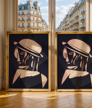 Stylized Portrait of a Woman in a Hat with Geometric Elements - Mi tienda