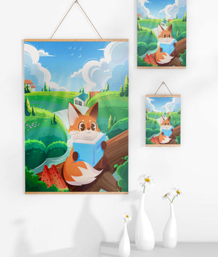 Fox Reading a Book in Scenic Green Landscape with Watermelon Slices
