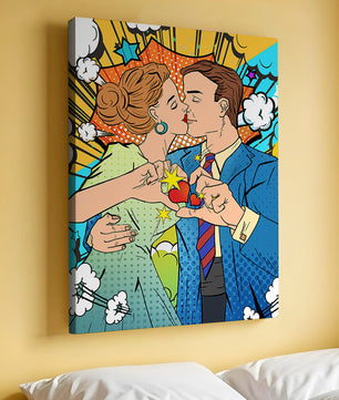 Ilustración de estilo pop art romántico de una pareja besándose con elementos cómicos