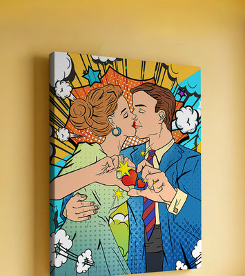 Romantic Pop Art Style Illustration of a Couple Kissing with Comic Elements