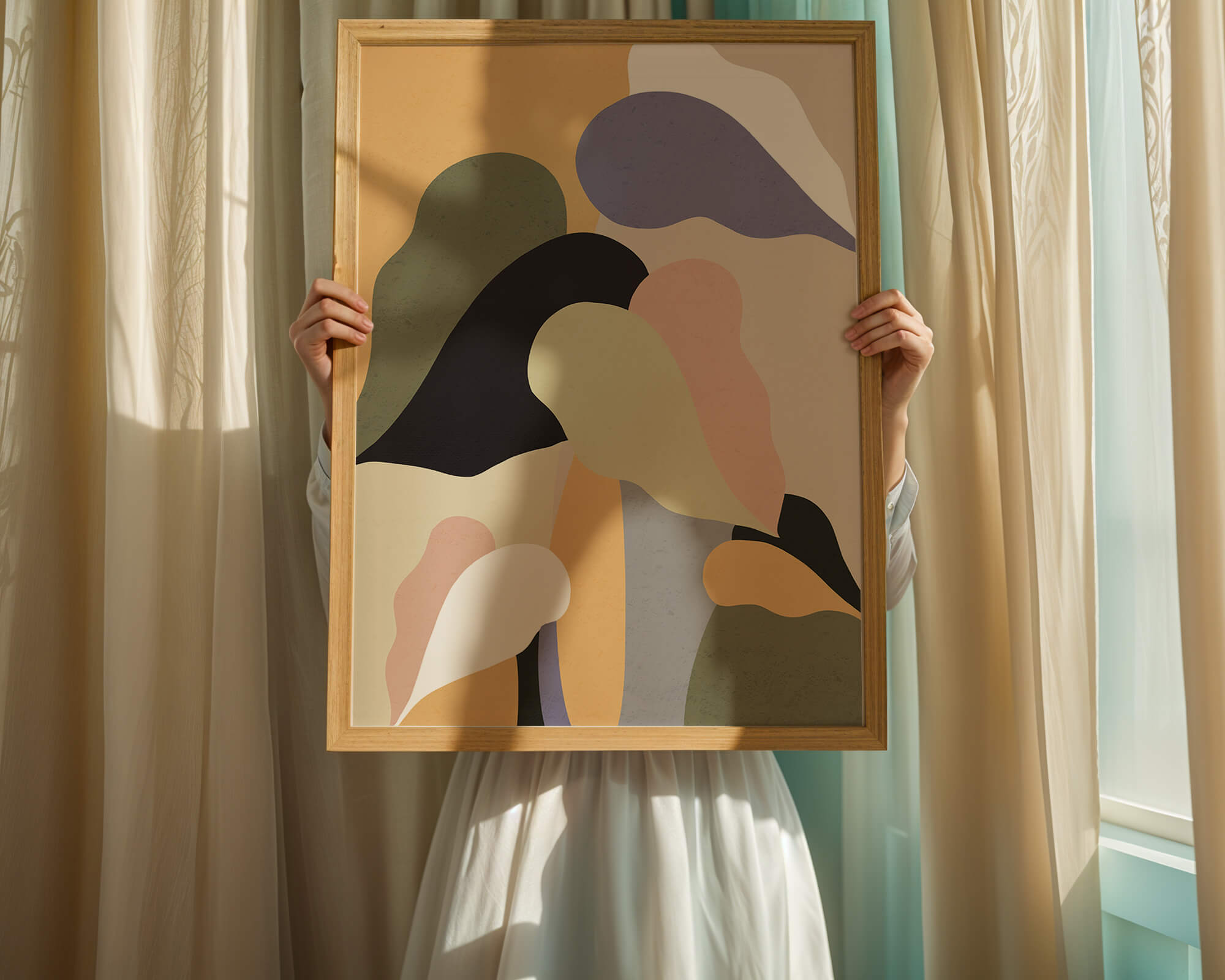 Abstract organic shapes in pastel colors with textured background