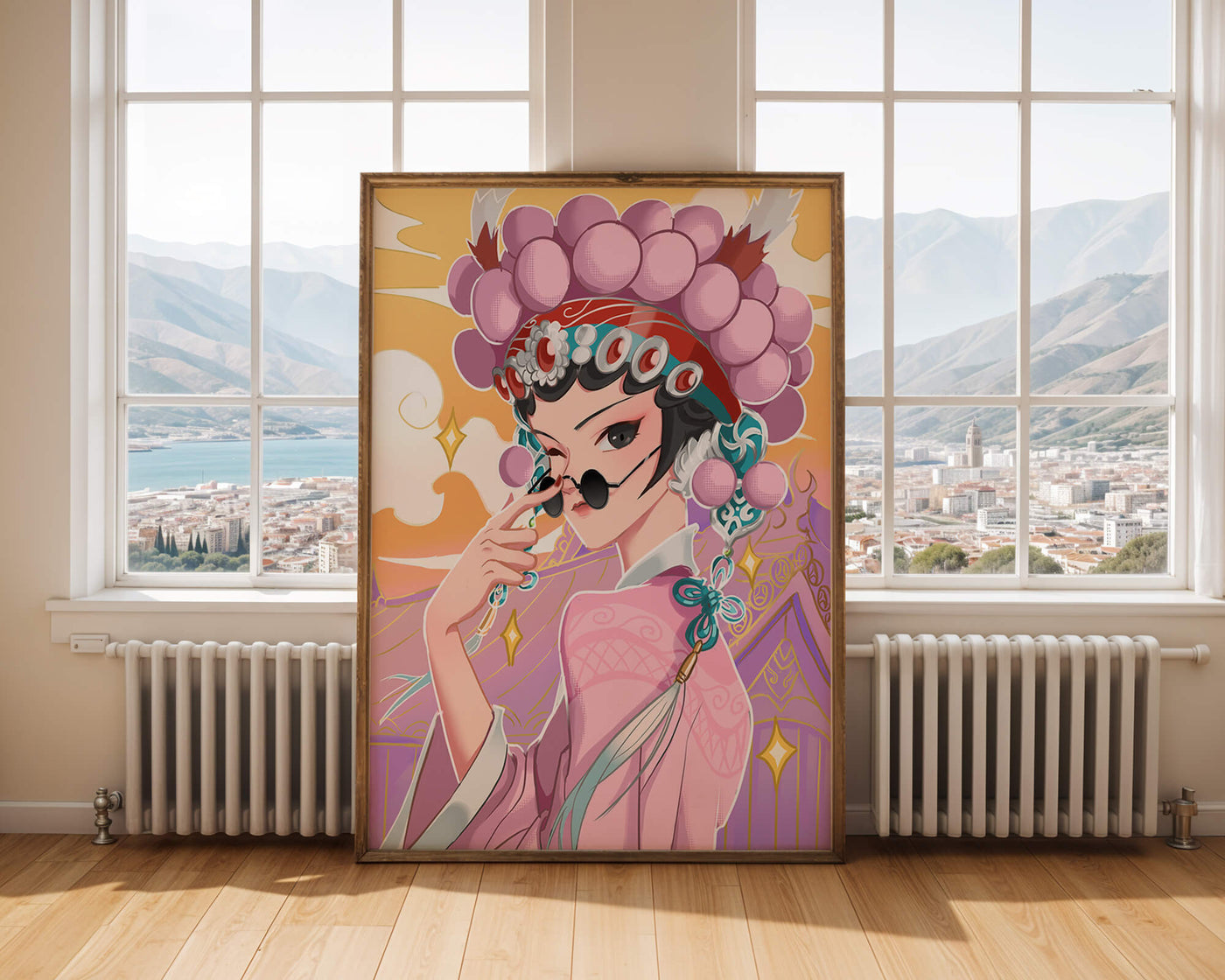 Elegant anime character in traditional attire with golden accents