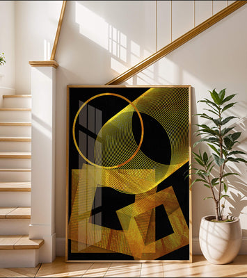 Geometric gold lines on black background
