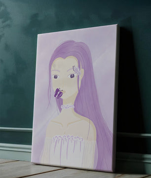 Ilustración de una mujer con cabello morado y mariposas