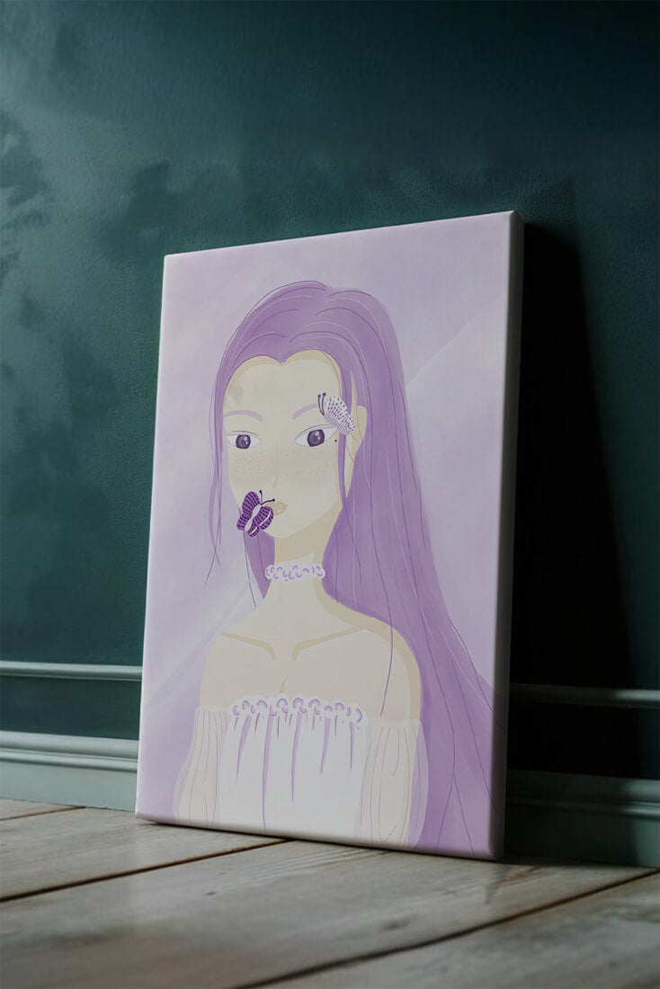 Illustration of a woman with purple hair and butterflies