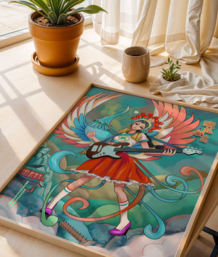 Fusión colorida de arte tradicional y moderno con un músico como protagonista