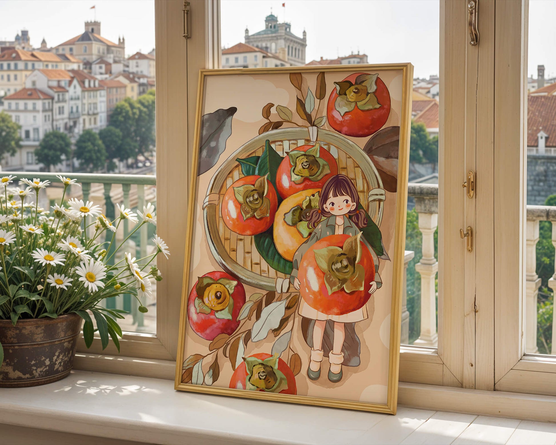 Joven sosteniendo un dátil en una escena de cosecha caprichosa