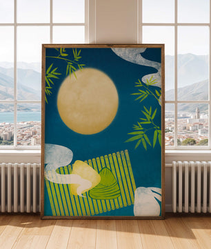Moonlit night with bamboo and dumplings on a mat