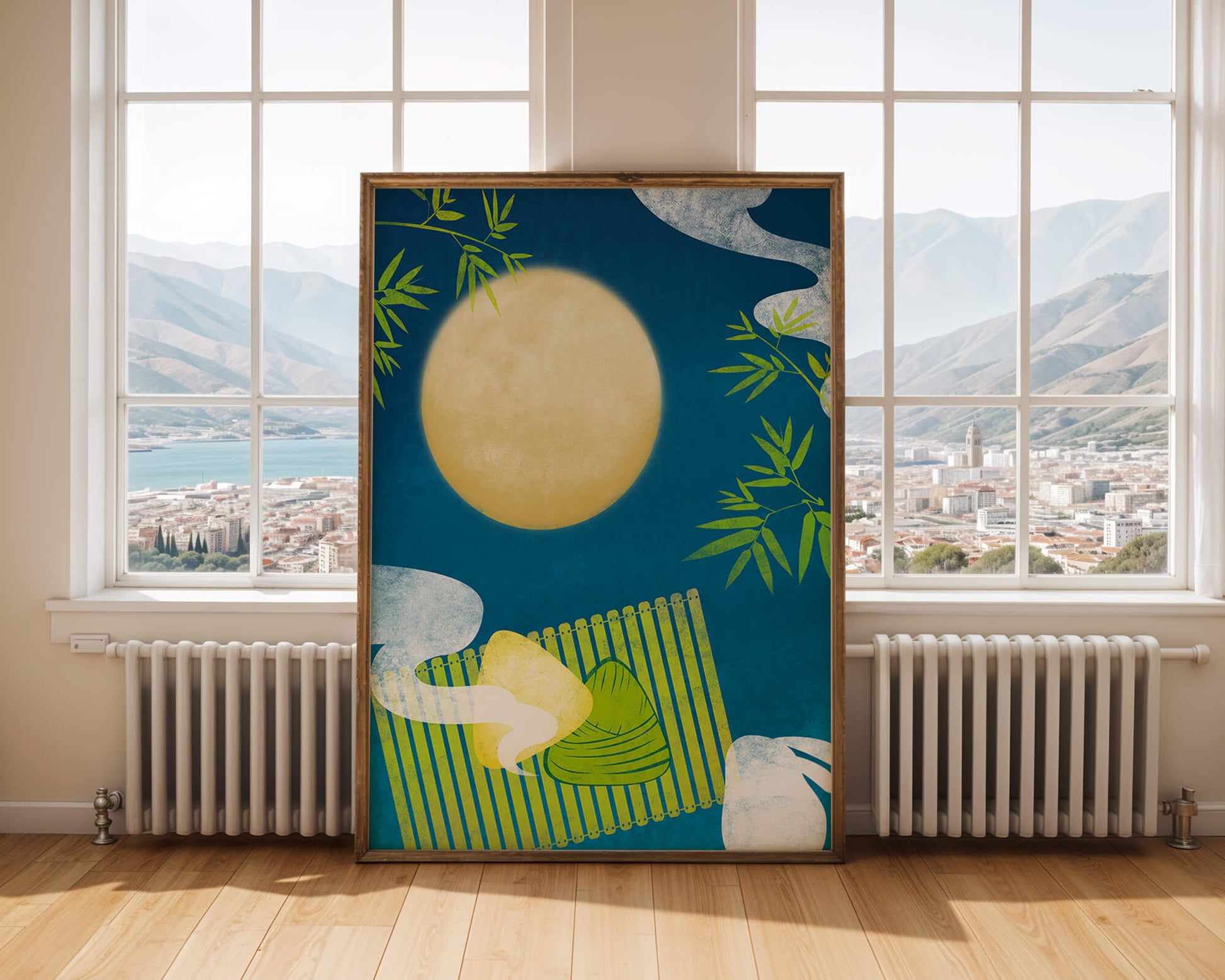 Moonlit night with bamboo and dumplings on a mat