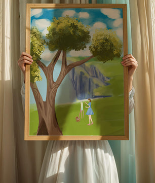 Young woman painting near a tree by a waterfall with a vibrant sky