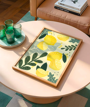 Composición ilustrativa de limones y hojas con colores vibrantes