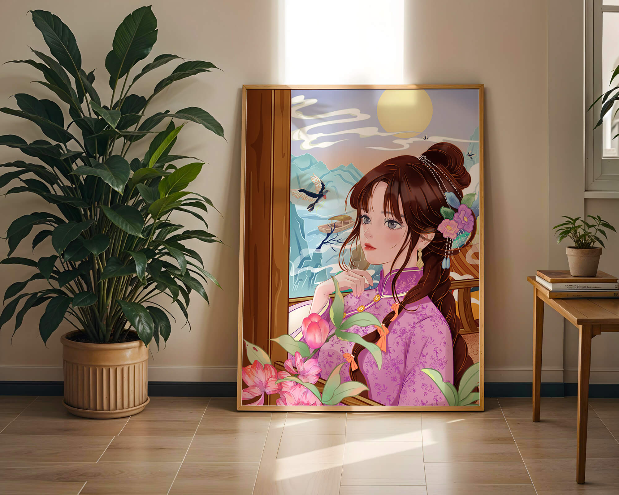 Serene landscape with a woman in traditional dress and mountain view
