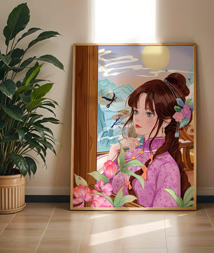 Serene landscape with a woman in traditional dress and mountain view