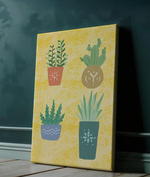Illustrated potted plants on textured yellow background