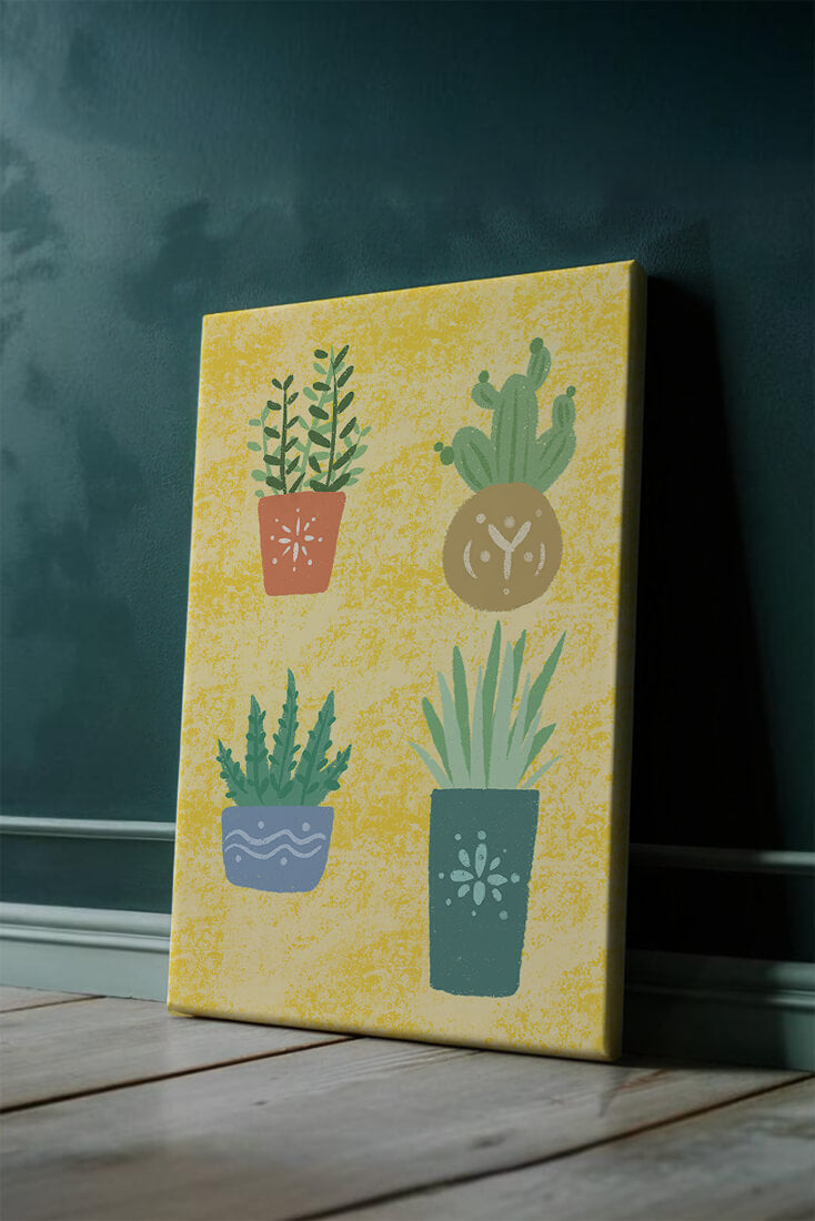 Illustrated potted plants on textured yellow background