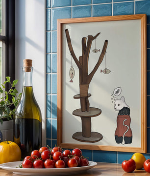 Illustration of a cat tree with a thoughtful cat in a sweater