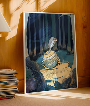 A serene fantasy forest scene with mystical elements at night