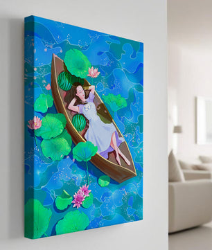 Serene illustration of a girl relaxing in a boat surrounded by lotus leaves and flowers